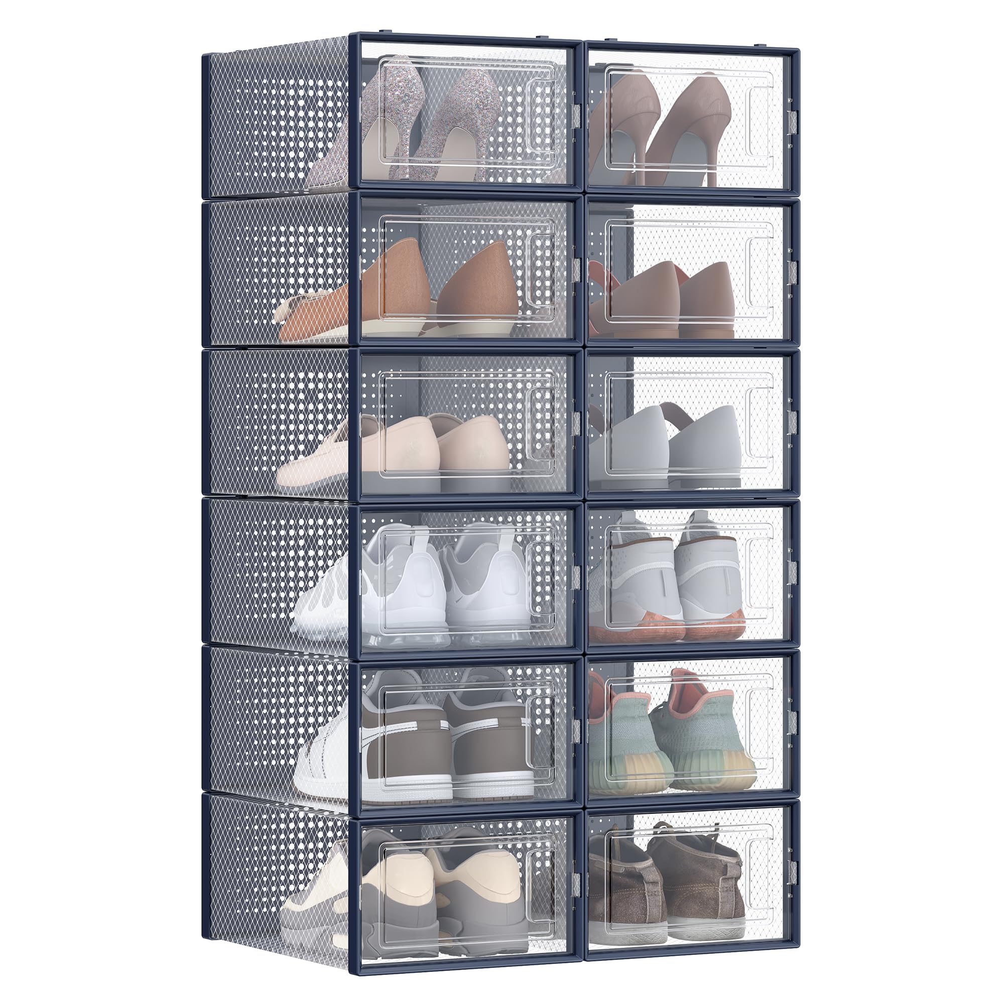 SONGMICS Shoe Boxes, Pack of 12 Stackable Shoe Storage Organisers, Foldable and Versatile for Sneakers, Fit up to UK Size 9.5, Transparent and Charcoal Blue LSP12SB30 โ image 1