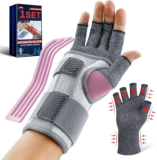 FEATOL Compression Arthritis Glove with Wrist Brace, Comfortable Fingerless Carpal Tunnel Hand Gloves for Women Night Support, Pain Relief for Rheumatoid Arthritis, Work, Typing - Right Hand, Medium