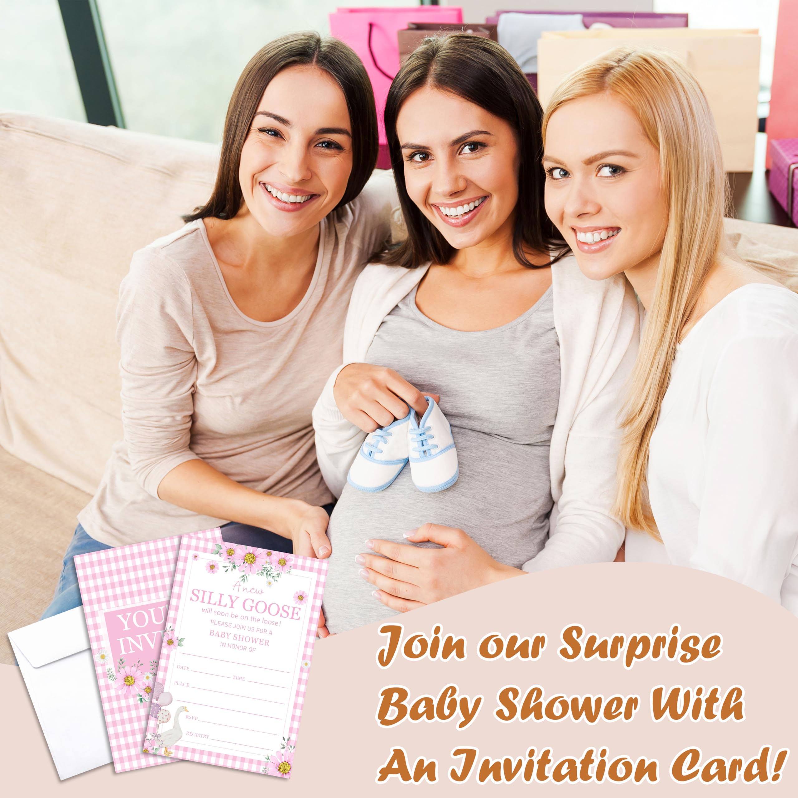 Zaproszenie na baby shower, zaproszenie do ujawnienia płci Silly Goose, 25 różowych zaproszeń w kratkę, stokrotka, z kopertami dla dziewcząt, zaproszenia na ogłoszenie dziecka do dekoracji na