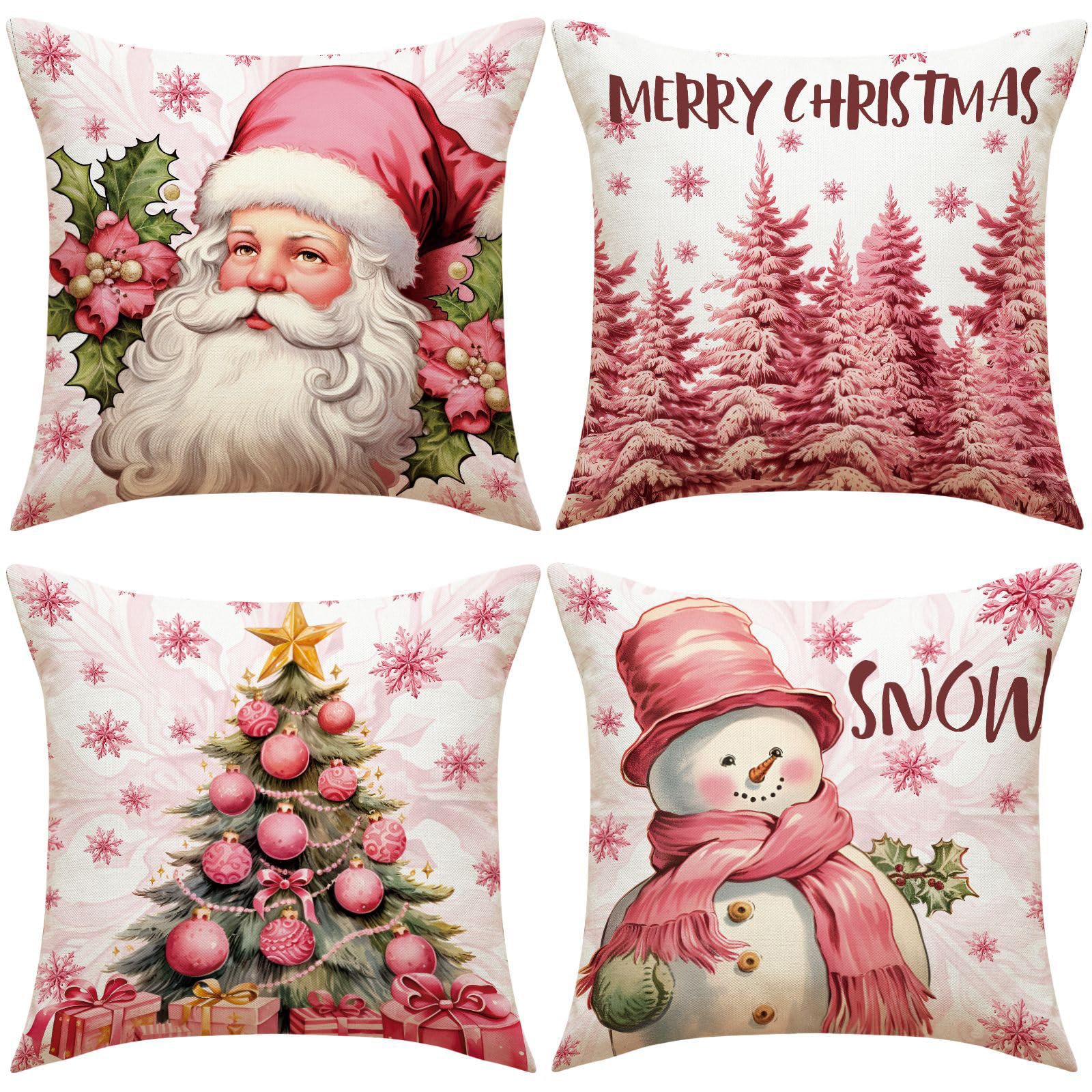 ESSECMBS 4Pcs Christmas Throw Pillow Covers 18 * 18inch Pink Cartoon Christmas Couch Pillow Cases Sofa Pillow Protectors Winter Holiday Home Decorations (4PCS B