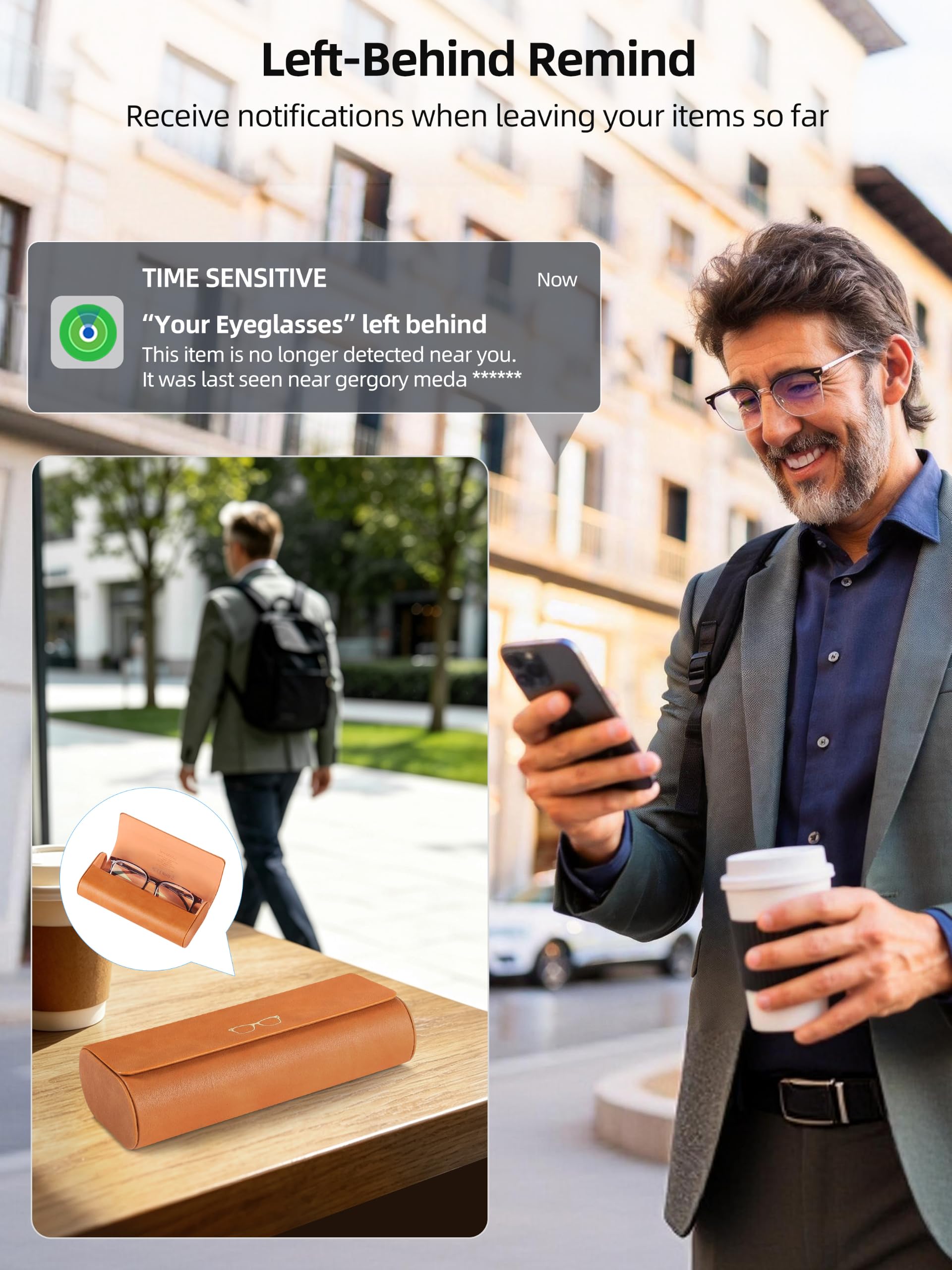 ExtreLife Smart Brillenetui, Funktioniert mit Apple Find My, Hartschalen-Sonnenbrillenetui für Damen Herren, Brillenetui mit GPS-Tracker, PU-Leder, Anti-Verlust, Wiederaufladbar, Braun