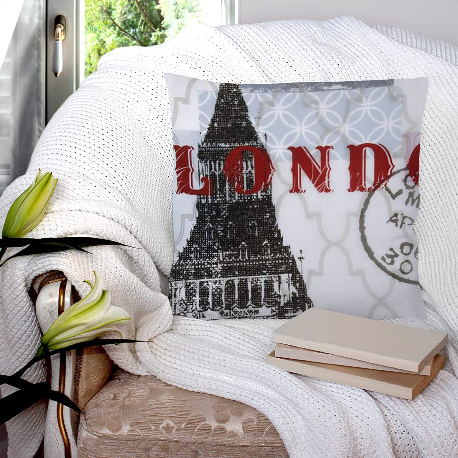 Moppro Stil4 Cushion Covers 45X45 Cm, Polyester Square Throw Pillow Cases,Anthropology World Traveler London, Cushion Cover For Sofa Couch Bedroom With Invisible Zipper, 18X18 Inches