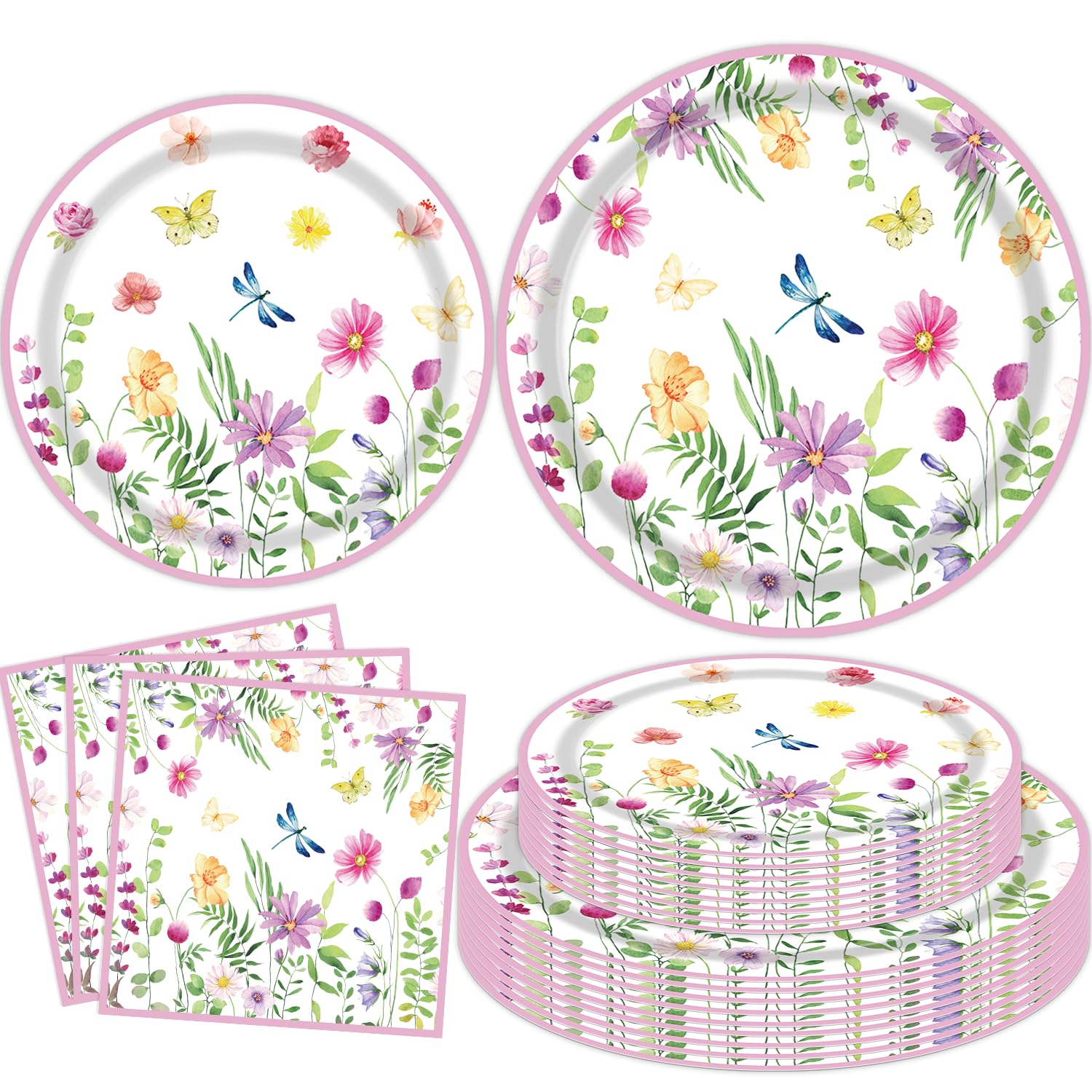 120 Pack Spring Flower Garden Party Paper Plates and Napkins Set Flower Party Tableware Set Wildflower Themed Supplies for Spring Floral Baby Shower Birthday Tea Time Decorations Serves 40