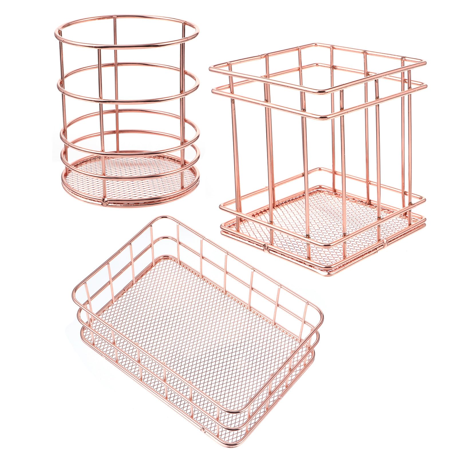 Panier de rangement en acier inoxydable or rose : lot de 3 bacs ronds et carrés pour la maison