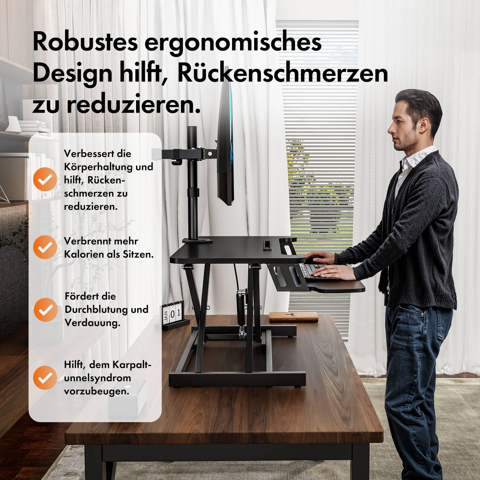 VonHaus Schreibtischaufsatz Höhenverstellbar, Schwarz 80 x 40 cm Steh-Sitz-Arbeitsplatz für Dual-Monitor mit Tabletfach, Stehpult-Konverter mit Zwei Ebenen, Schreibtisch erhöhung mit Tastaturablage