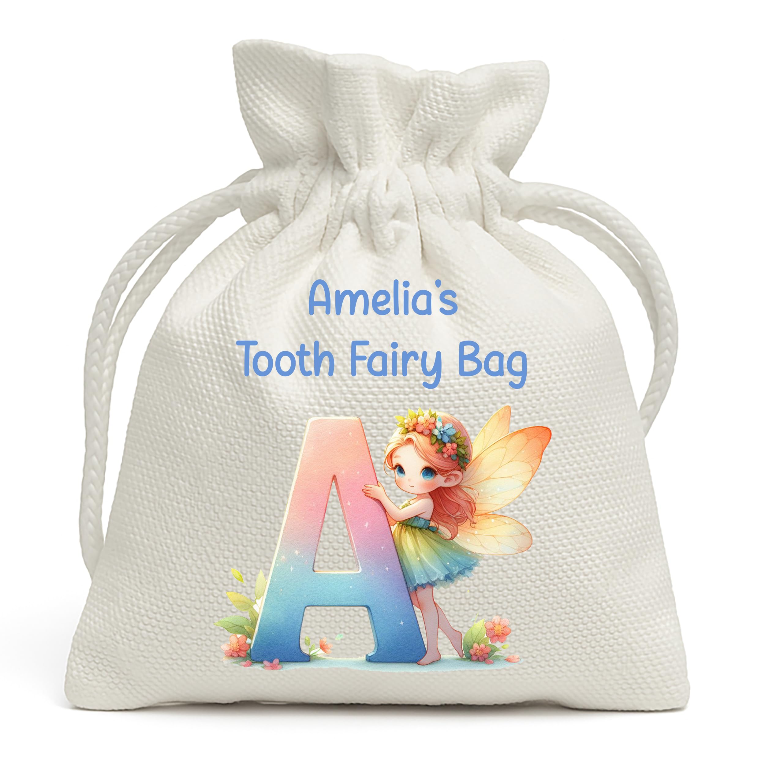 Personalised Tooth Fairy Bag - Custom Name Keepsake for Lost Teeth - Tooth Fairy Gift for Boys & Girls - Drawstring Pouch (Initial, Blue)