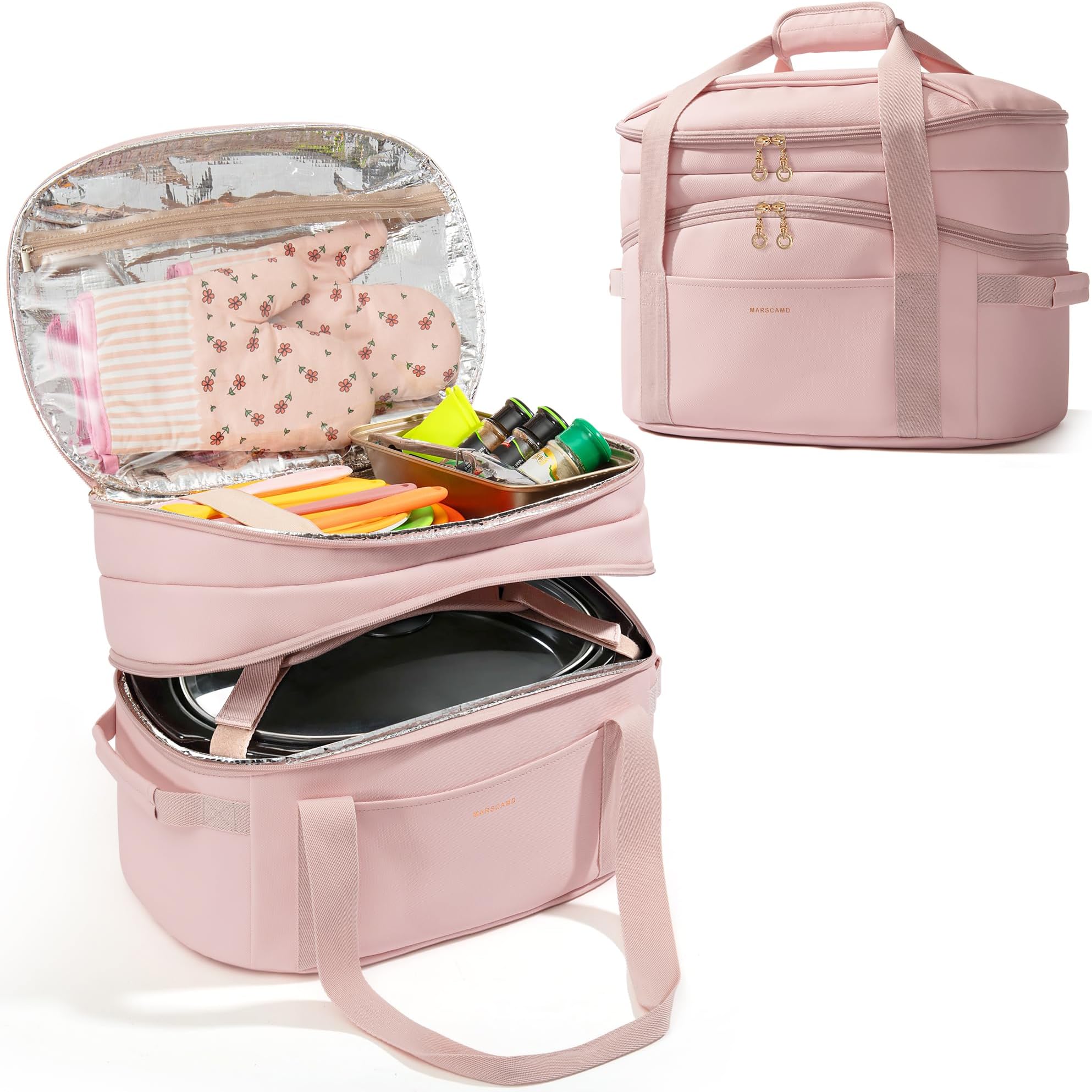 Double Layers Slow Cooker Carrying Bag Compatible with 6-8 Quart Crockpot and Hamilton Beach, Slow Cooker Insulated Carrier with Utensils Storage Section, Pink