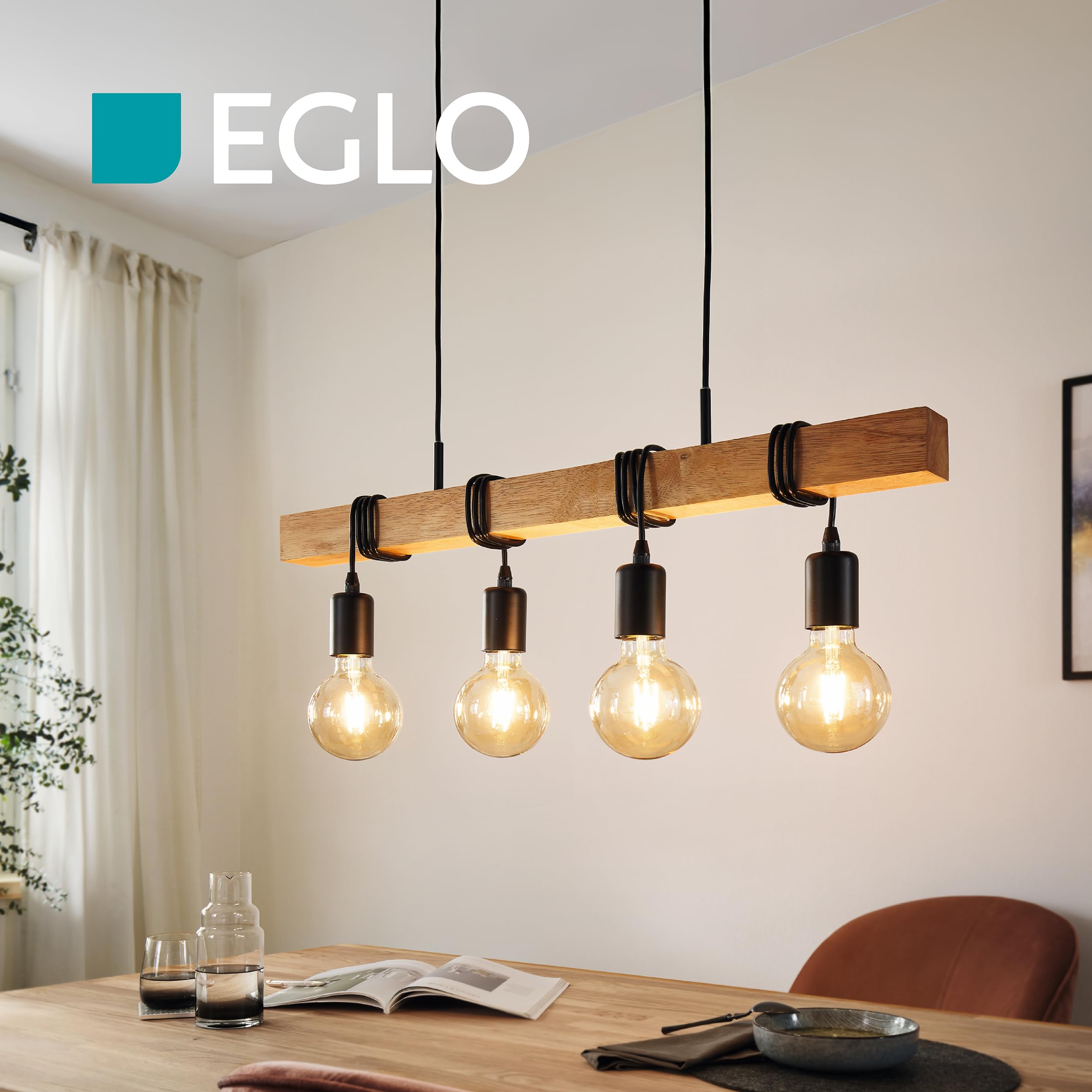 EGLO LED Hängelampe Townshend, 4-flammige Vintage Pendelleuchte über | Esstisch, Deckenlampe hängend im Industrial Design, Esszimmerlampe aus hellem Holz und Stahl, FSC, inkl. E27 Leuchtmittel