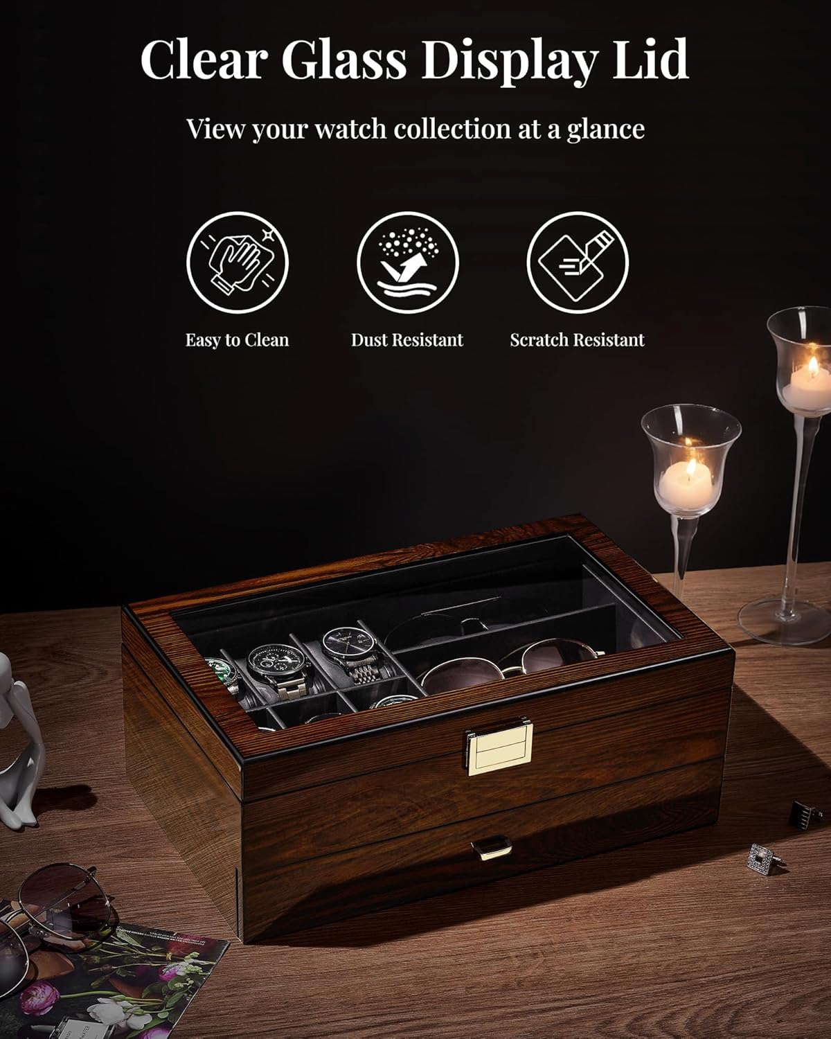 Watch And Sunglasses Organizer With Men’s Jewelry, 6-Slot Watch Box & Sunglasses Organizer With Drawer, PU Leather Interior, Solid Wooden Watch Case Display With Large Clear Glass Lid - Image 4
