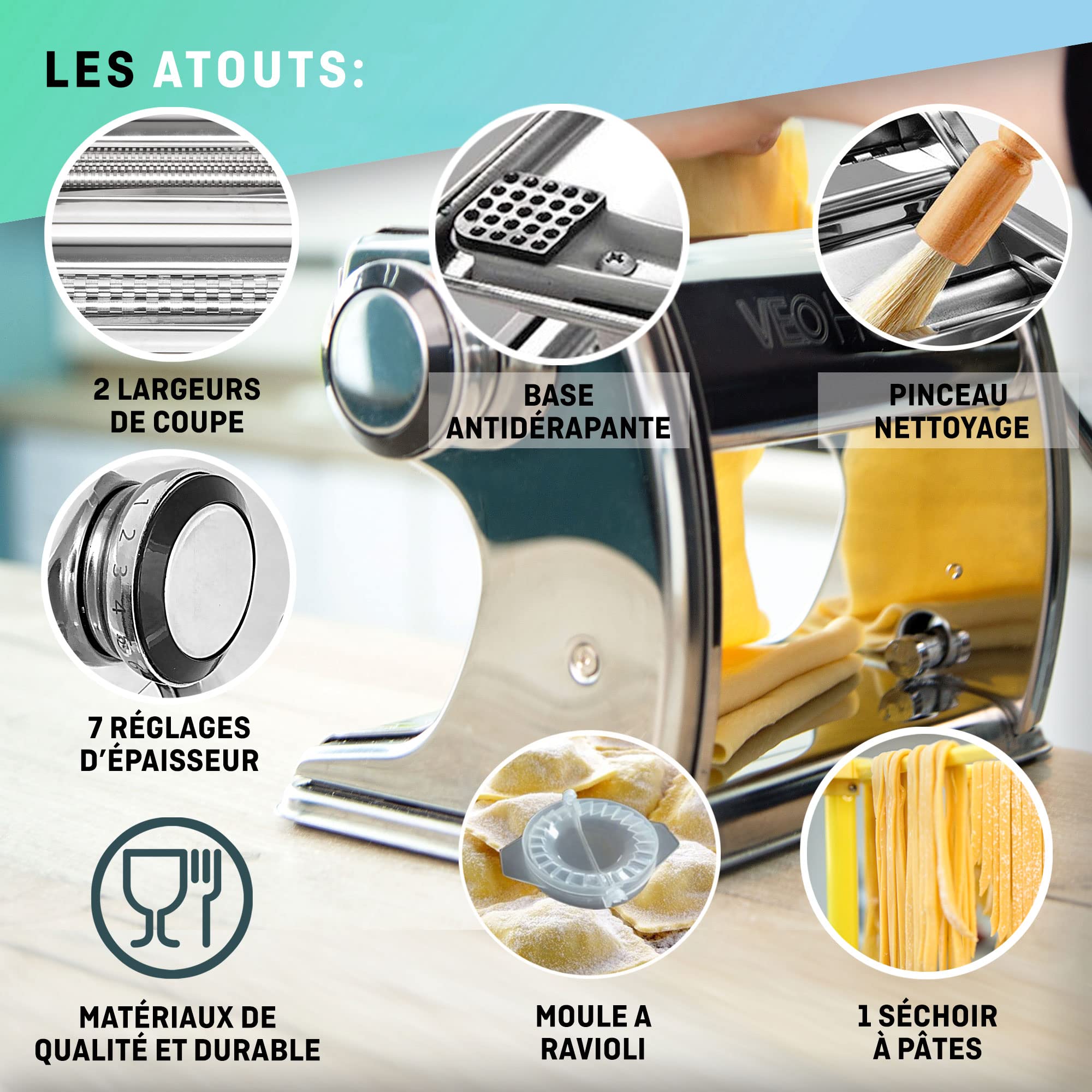VeoHome Machine à pâtes Manuelle avec séchoir - Acier Inoxydable Outil Polyvalent réglable en épaisseur, laminoir et manivelle - Nouilles fraîches Maison, Spaghetti, lasagnes
