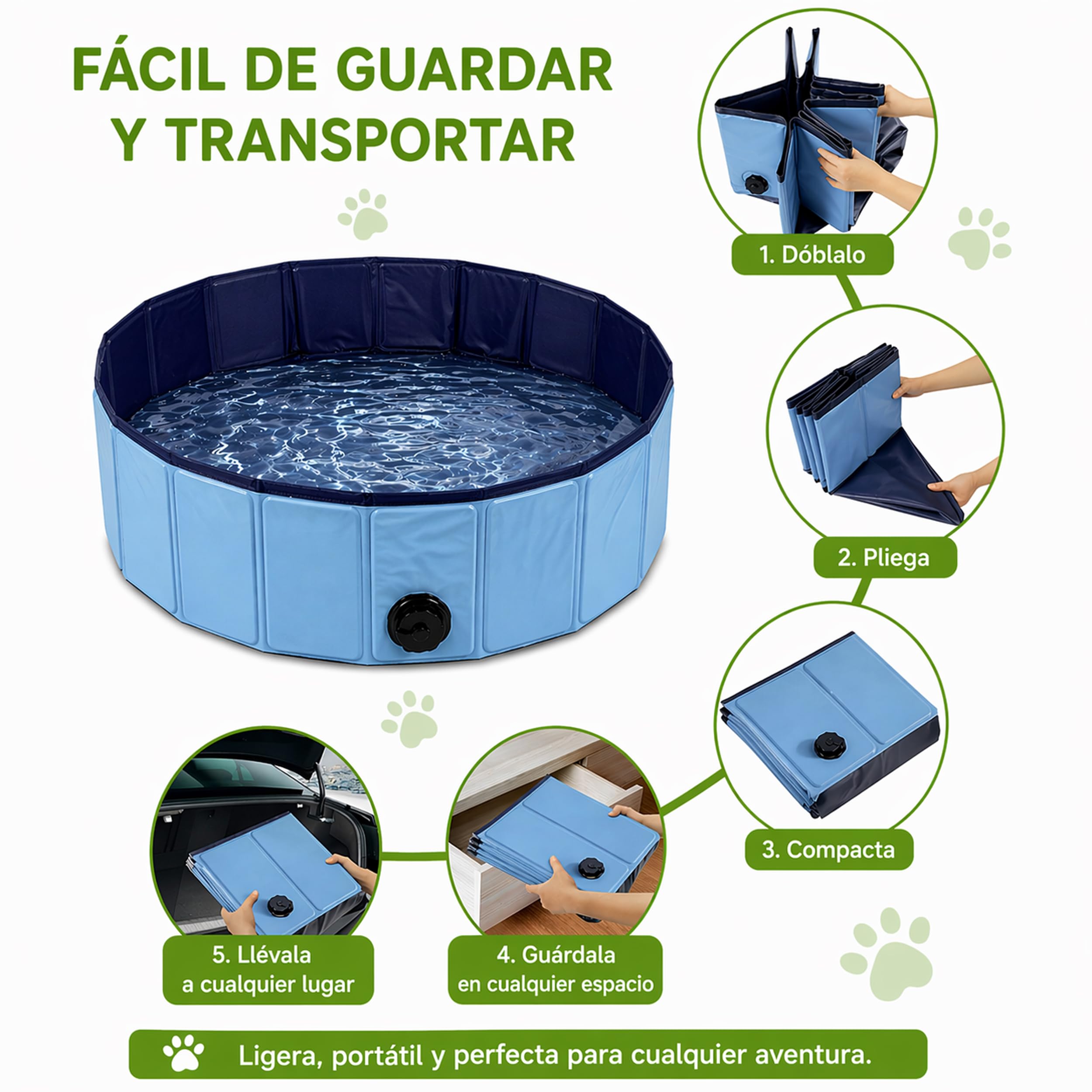 BESCH Piscina Plegable para Perros y Gatos, Bañera para Mascotas Portátil con Desagüe, Piscina Antideslizante para Verano, Uso Interior y Exterior 120Ø x 30 cm