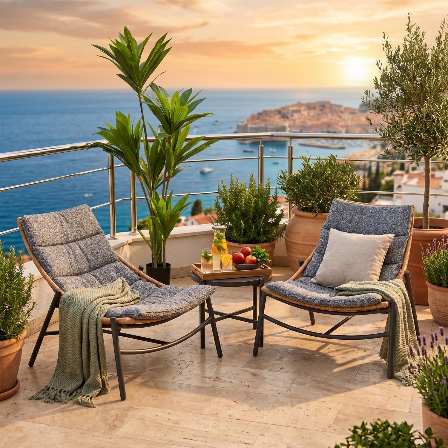 Marvin Set da Giardino 2 Posti in Polyrattan con Cuscini e Tavolino Spa, Salottino da Esterno Moderno per Terrazzo Balcone Veranda Patio, Set Relax Outdoor Resistente alle Intemperie
