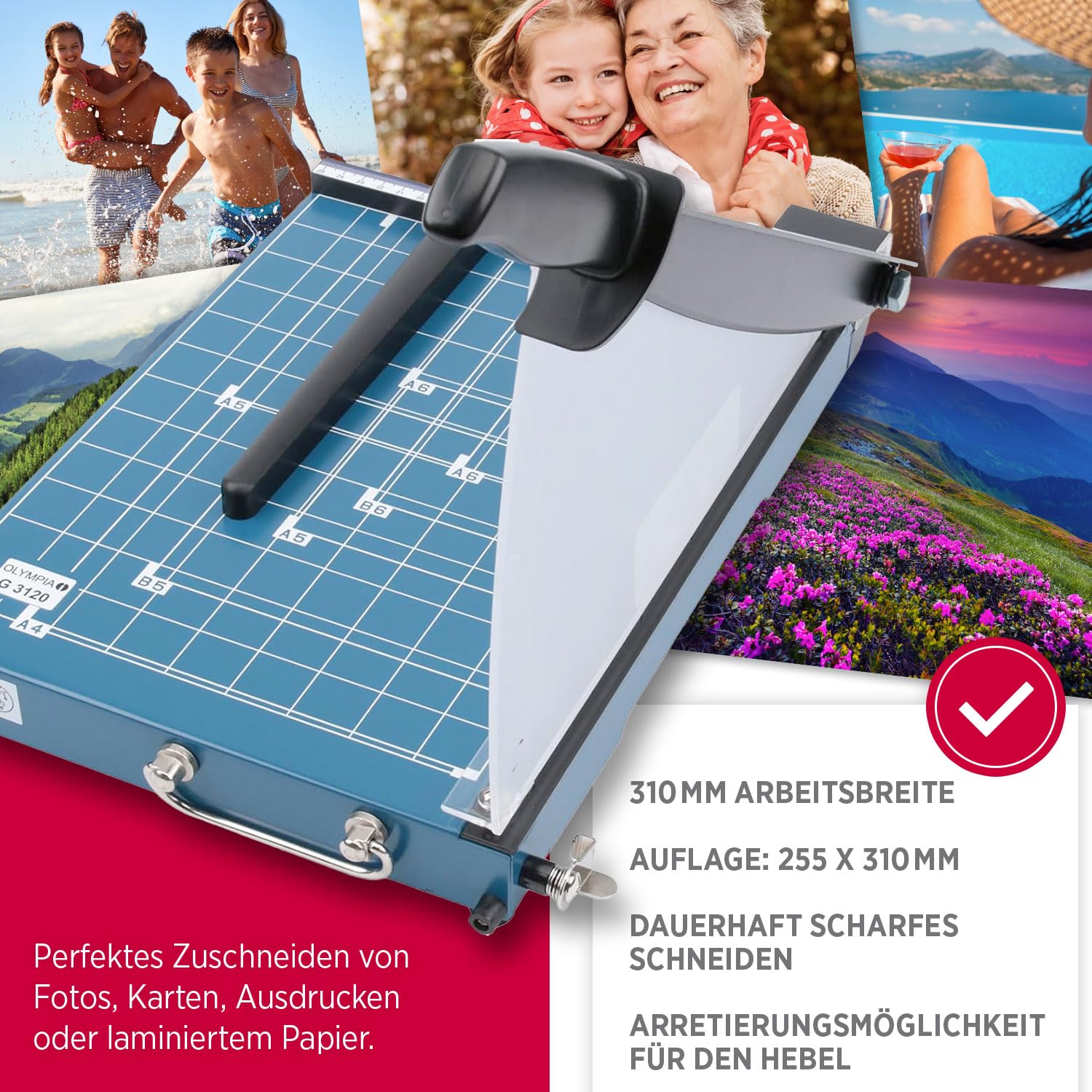 Olympia G 3120 Profi Hebelschneider | Papierschneidemaschine bis zu 20 Blatt | Papierschneider DIN A4 | 310 mm Arbeitsbreite | Schneid-Schutz & Arretierungsmöglichkeit | Papier Schneidegerät | blau