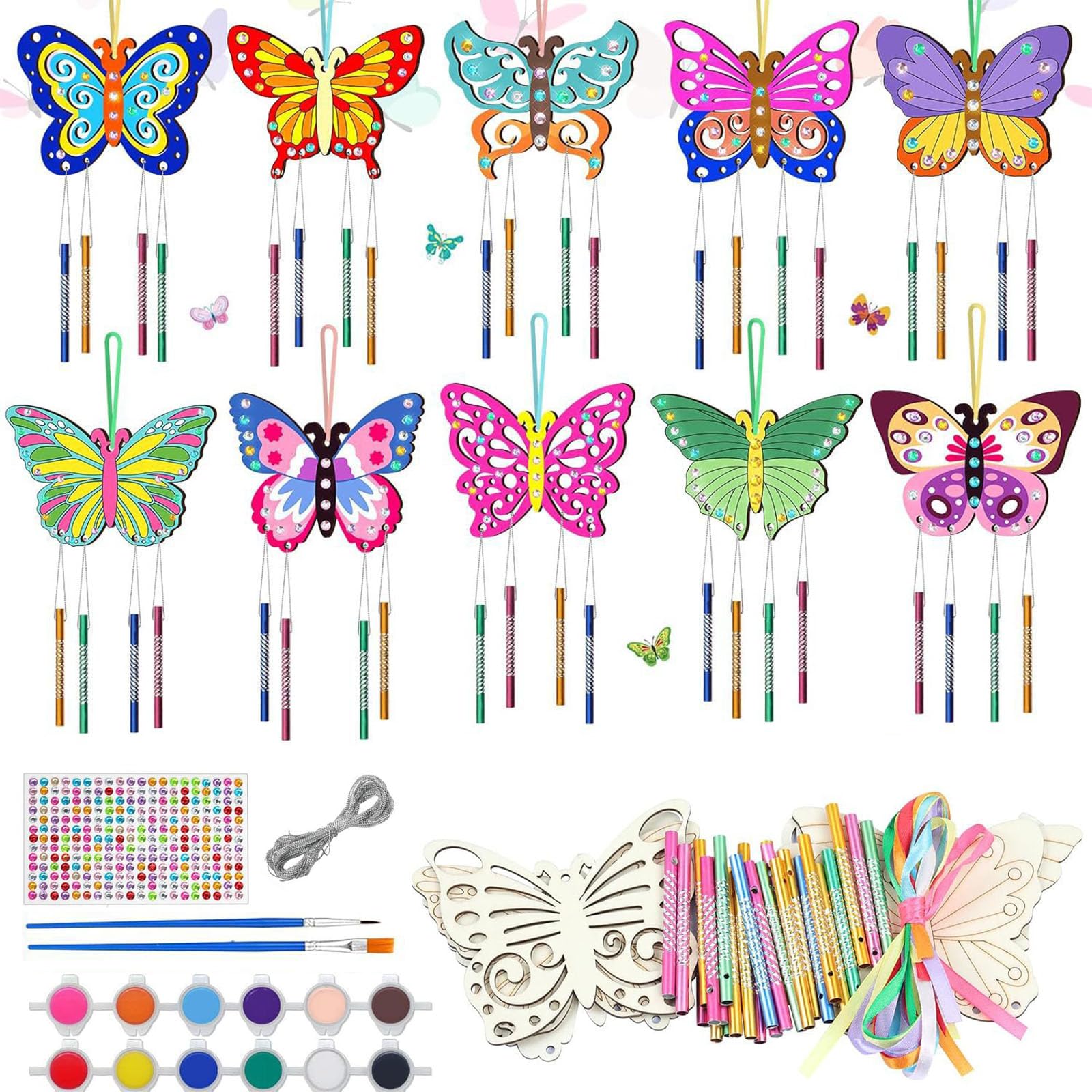 10 Pack Wind Chime, Butterfly Wooden Wind Chimes, Windchimes Crafts for Painting, Decorating, Wooden Pretty Craft Kit for Kids