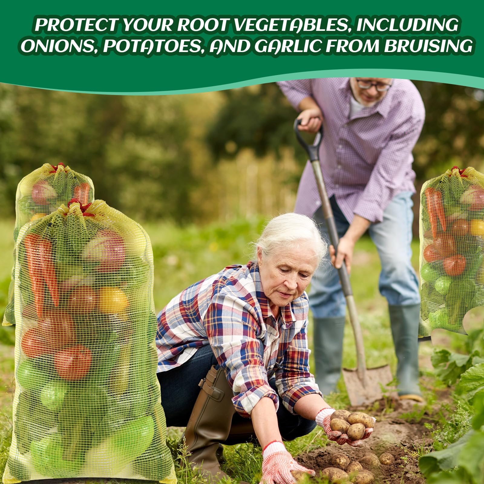 Berlune 50 bolsas de malla de almacenamiento reutilizables para verduras con capacidad para hasta 44 libras, bolsas de almacenamiento de verduras, bolsas de red lavables para verduras, bolsas de