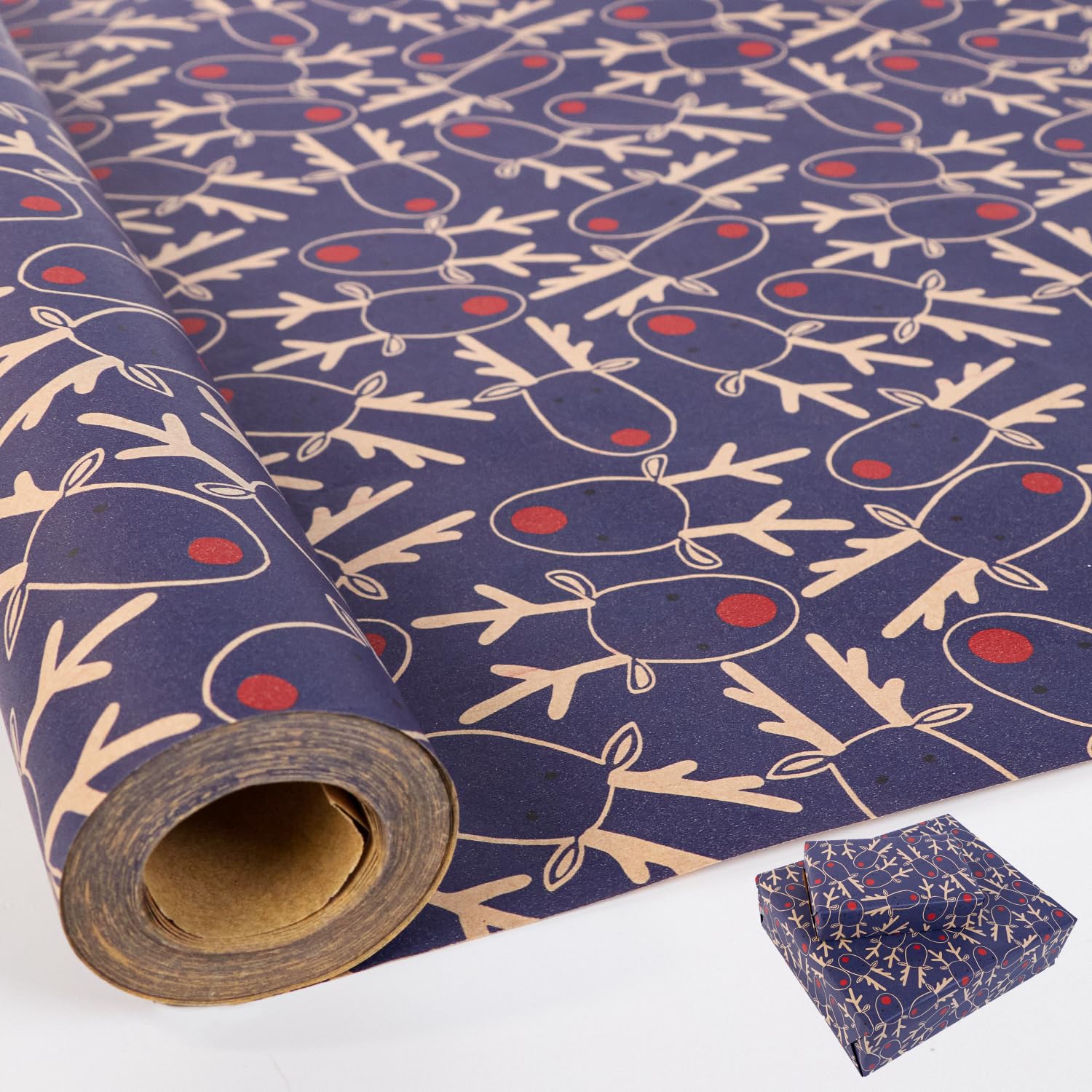 Christmas Wrapping Paper Roll-43cm*15m,Xmas Elk Wrapping Paper, Reindeer Head Wrap Paper for Xmas Gifts, Christmas Party Decoration (Blue)