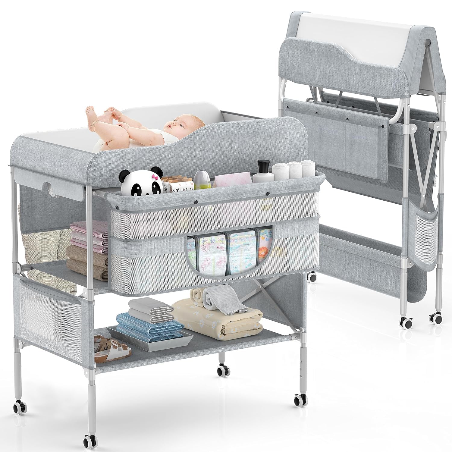 Baby Diaper Changing Table, Foldable Infant Diaper Station with Wheels, Nursery Organizer for Newborns, Babies Dresser Changing Table with Storage Rack, Strengthen Structure and 3 Adjustable Heights