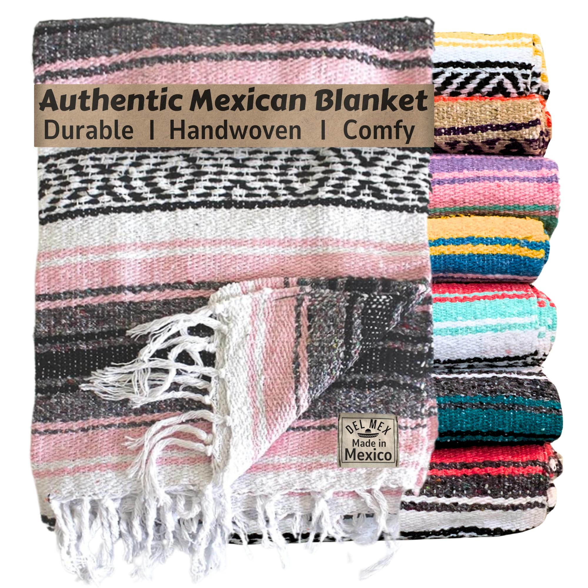 Del Mex Classic Mexican Blanket, Large Authentic Woven Falsa Throw (70"x50"), Artisan Southwest Décor for Beach, Yoga, Outdoors (Pink)