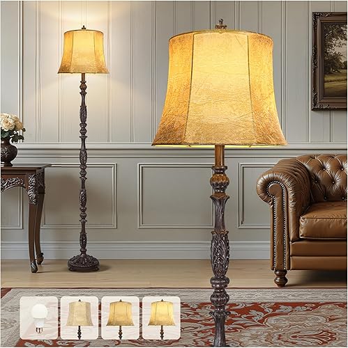 Scenekoy Lámpara de pie vintage de 66 pulgadas de alto para sala de estar, dormitorio, lámpara de pie tallada de resina retro con pantalla de piel