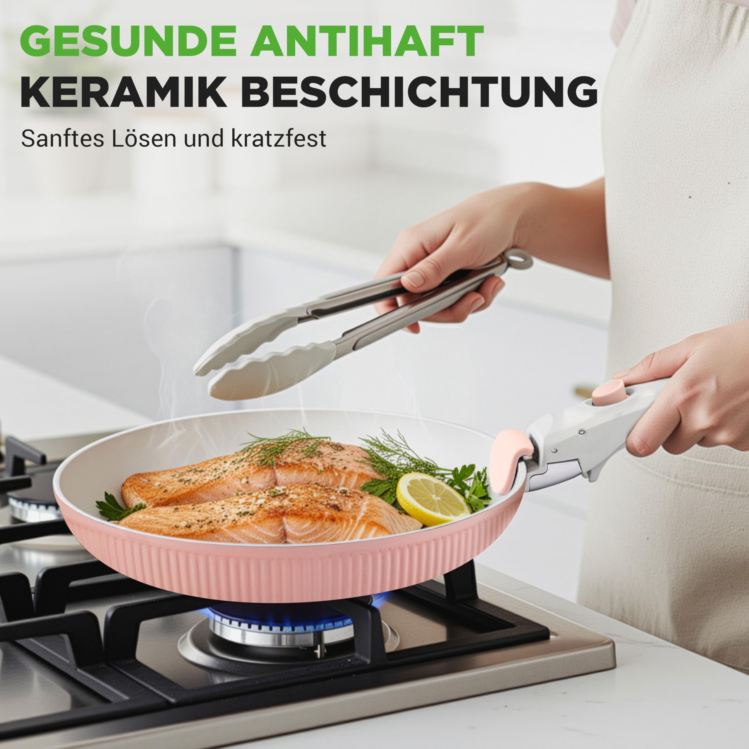 NutriChef Topfset 18 Teilig Keramik Rosa mit Abnehmbaren Griffen Induktion Topf und Pfannenset Antihaft Platzsparend Stapelbar Ofenfest Alle Herdarten