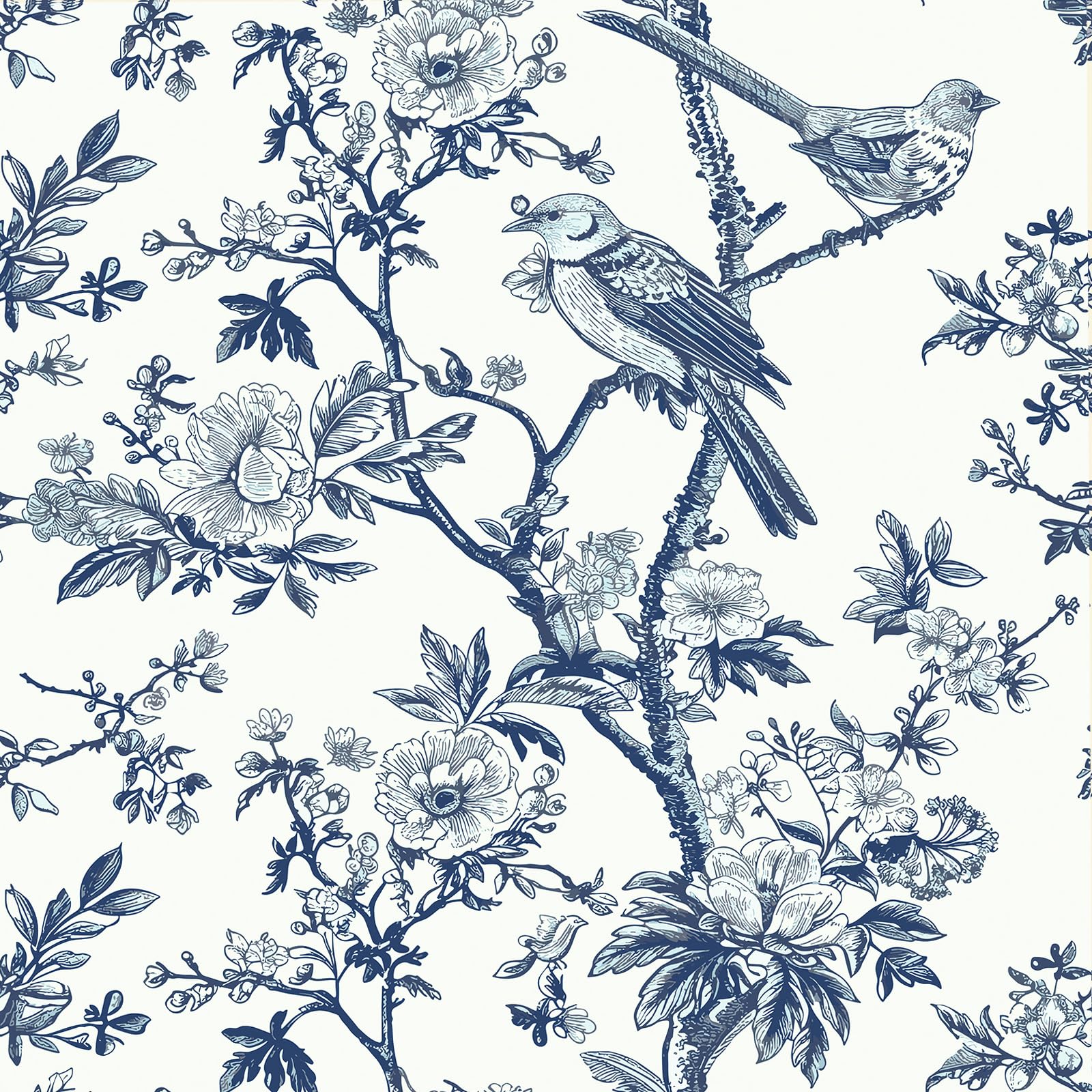 Yenhome Vintage Blue Bird Wallpaper Vintage Bird Floral Peel and Stick Wallpaper 17.5"X118" Removable Wallpaper Renter Friendly Beige/Blue Wallpaper
