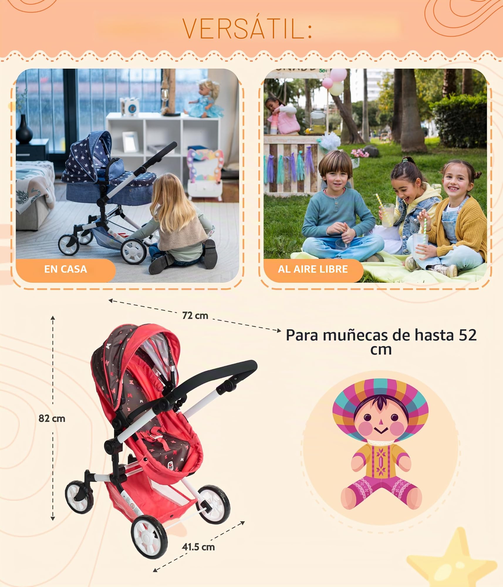 Bayer Chic 2000 - Cochecito para muñecas Linus, 3 en 1 para niños de 4 a 8 años, Juego de Cochecito para muñecas, Vaqueros Grises