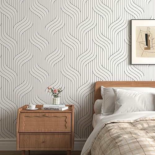 Miniatura 5 de Papel de contacto blanco y negro, moderno, a rayas, extraíble, geométrico, para despegar y pegar, papel tapiz autoadhesivo de 17.5 x 160 pulgadas,