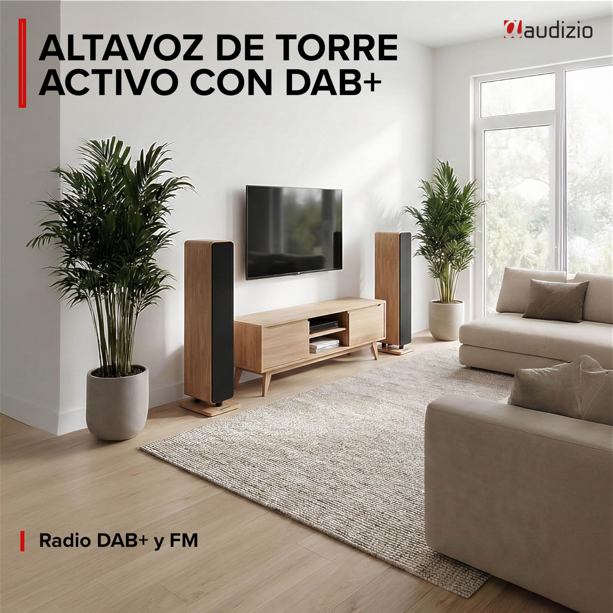 Audizio Arco – Pack 2 Altavoces Activos 320W con Radio Dab+, Radio Digital y Radio FM, Altavoz Bluetooth Potente, Altavoz USB, Entrada optica para Equipo Sonido TV Home Cinema, Color Madera Clara