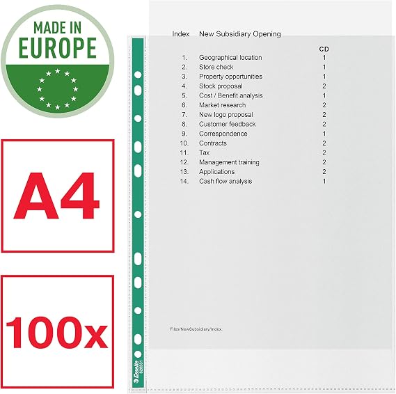 Esselte A4 Punched Pockets, 100 x Poly Pockets, 34 Micron Thickness, Clear Embossed A4 Pockets With Punched Reinforced Green Spine, Ideal For Lever Arch Files & Ring Binders (Pack of 100), 628531