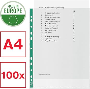 Esselte A4 Punched Pockets, 100 x Poly Pockets, 34 Micron Thickness, Clear Embossed A4 Pockets With Punched Reinforced Green Spine, Ideal For Lever Arch Files & Ring Binders (Pack of 100), 628531