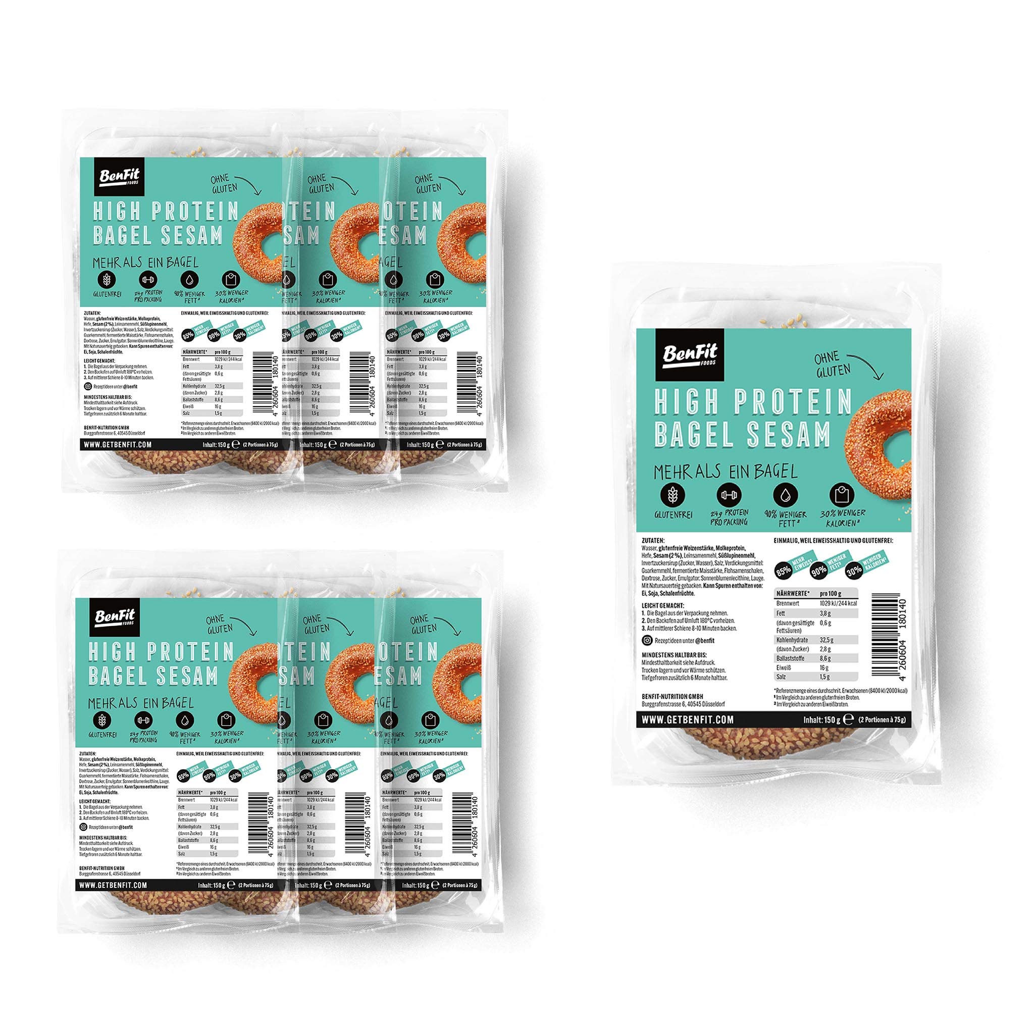 BenFit High Protein-Bagel sésame - 7 x 150 g - pain protéiné sans gluten - riche en protéines, pauvre en graisses & faible en calories