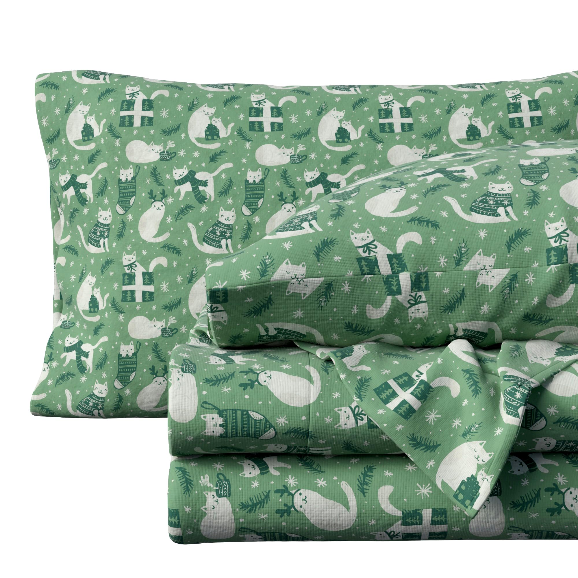 Great Bay Home Christmas Flannel Sheet Set Twin Size - 100% Turkish Cotton, Double-Brushed, Winter Bed Sheets - Ultra-Soft, Cozy, 3-Piece Holiday Bedding Set (Cat Christmas Green)
