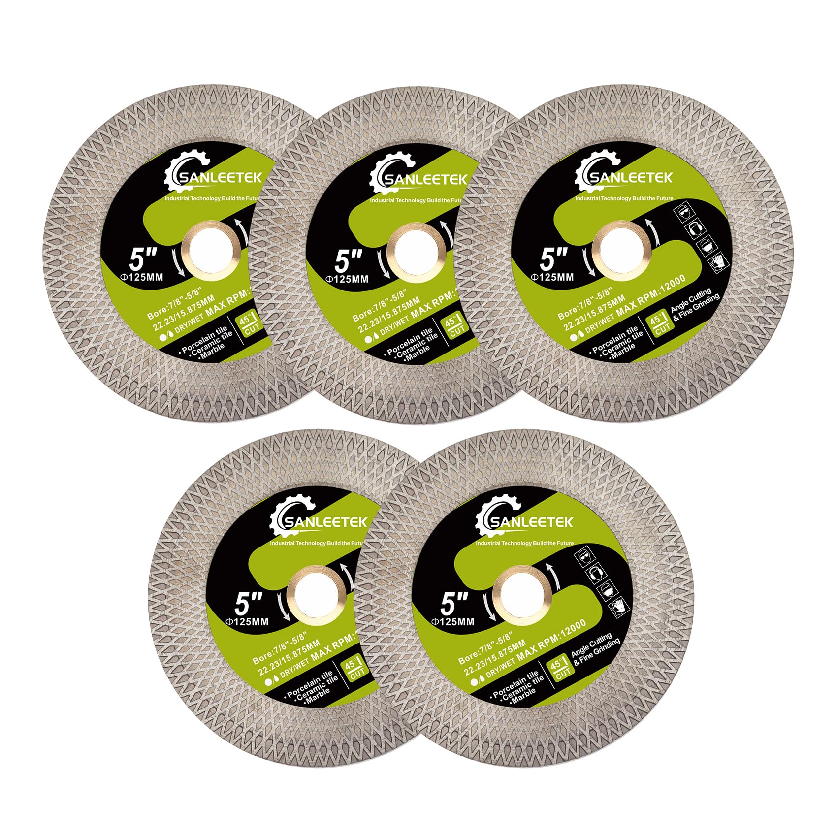 Diamond Tile Saw Blade SANLEETEK - 5pcs 125mm Diamond Cutting Grinding Disc for Porcelain Ceramic Tile Marble Artificial Stone with Double-sided X Mesh Rim
