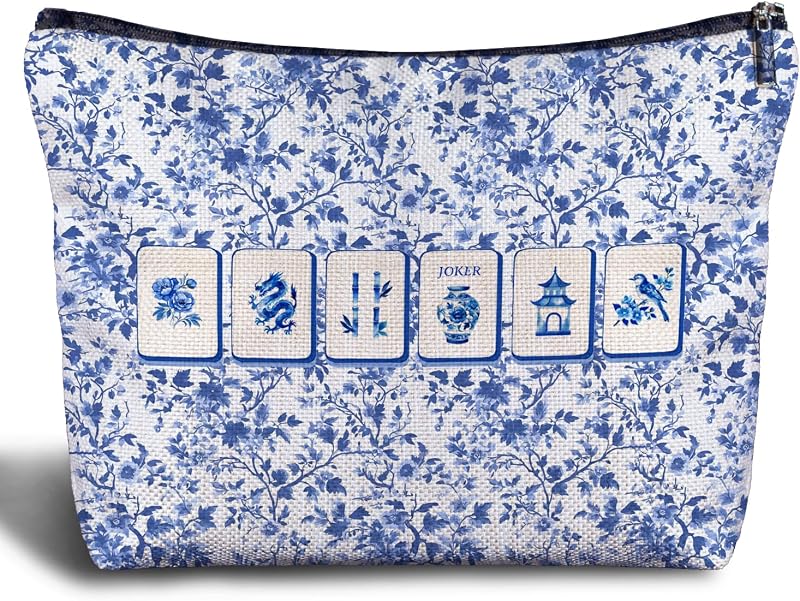 Necessaire de maquiagem Zomhix em linho, estampa Mahjong Chinoiserie azul e branca, com zíper