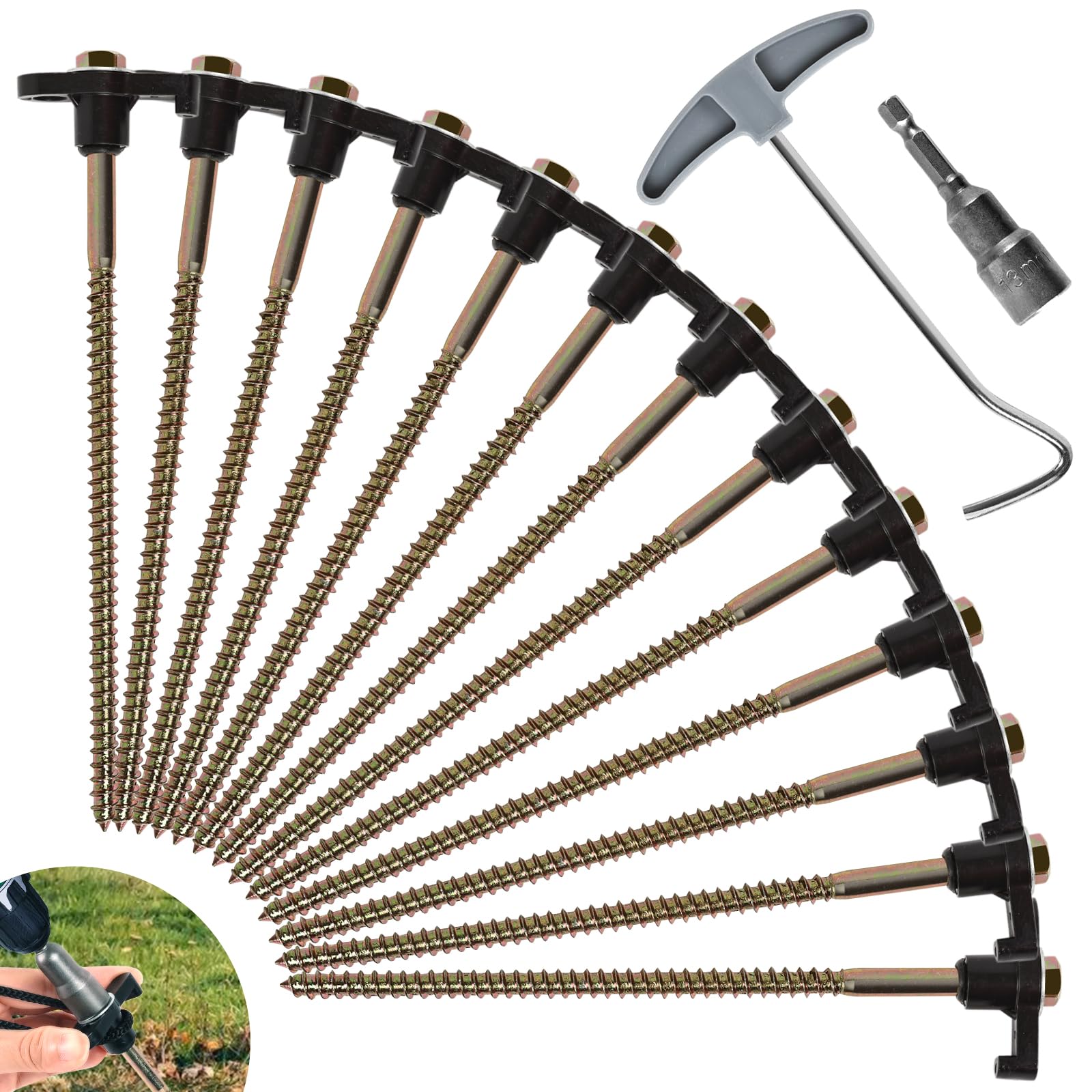 OFFOF 12 Pack Heavy Duty Metal Tent Pegs – Rotating Rock Pegs with Thread, Ground Anchors for Camping, Includes Drill Adapter & Nail Puller, Durable Steel Stakes for Garden, Canopies & Outdoor(black)
