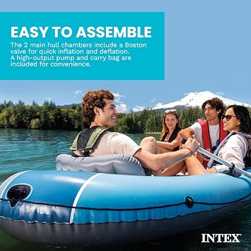 INTEX Excursion 4-Person Inflatable Fishing Boat River Raft Set with Oars | 66324EP - Portable Boat with Extra Wide Cockpit and High-Ouput Hand Pump, 10ft 4in 5ft 5in