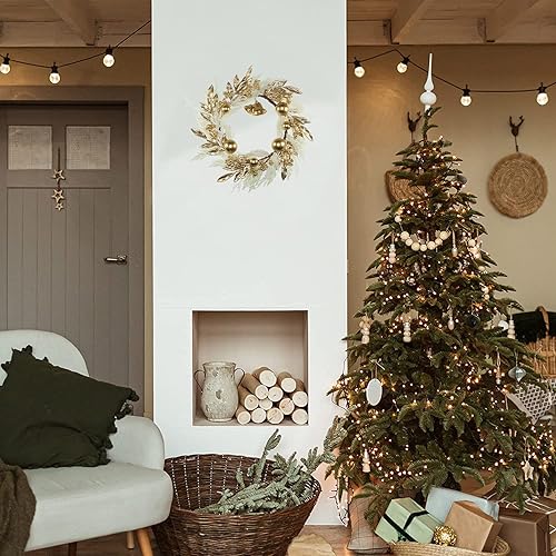 Miniatura 6 de Corona de Navidad dorada de 19 pulgadas para puerta delantera, corona de Navidad falsa blanca de pampa con hojas de bayas doradas, campanas, bolas