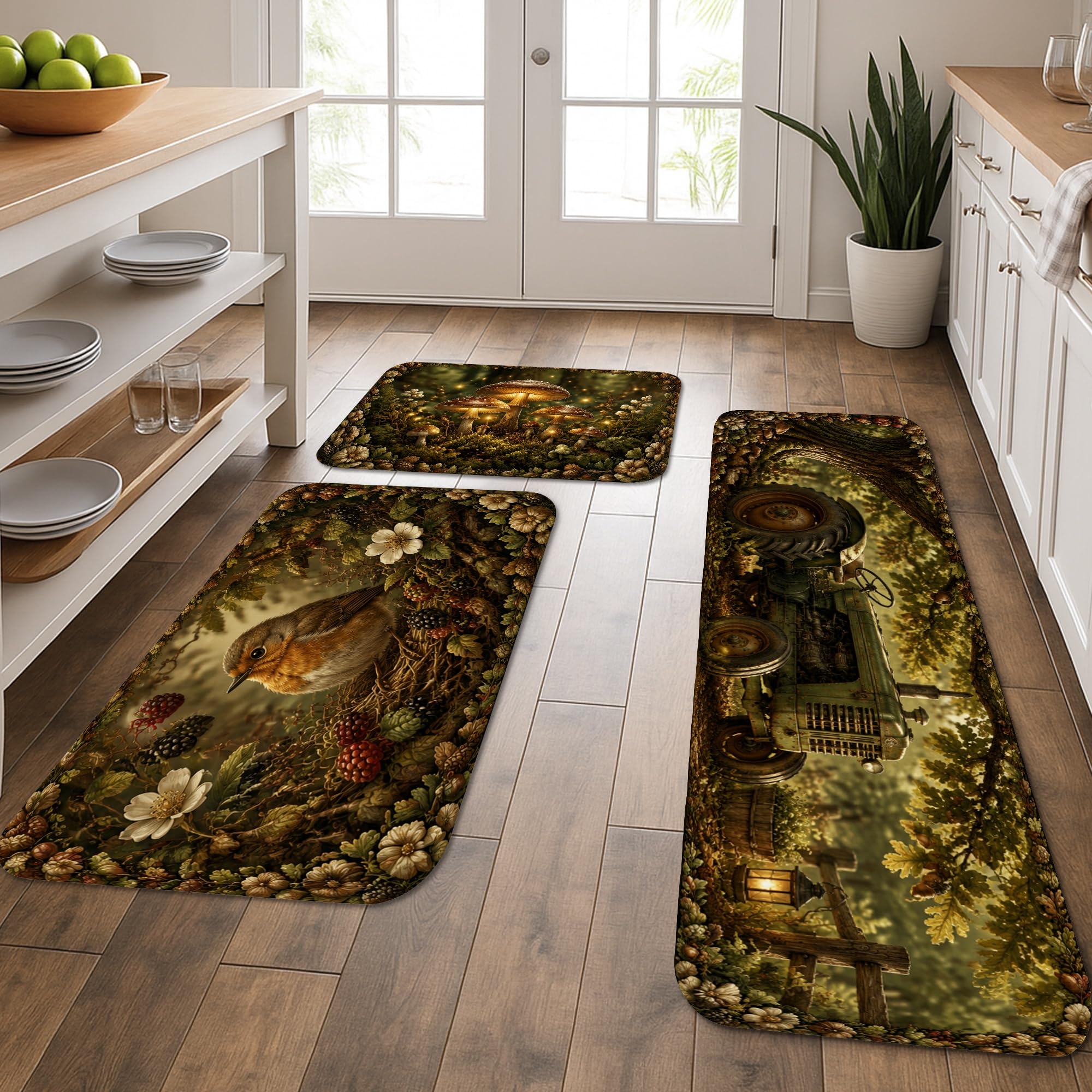 Tapis de cuisine floral oiseau marron pour décoration sol buanderie