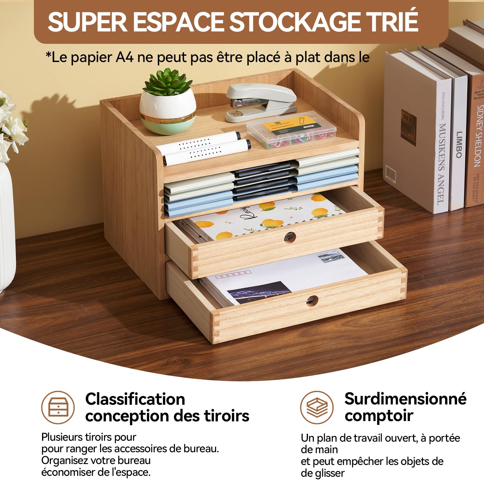 KIRIGEN Boîte de rangement en bois massif Organiseur de bureau Plumier multifonctionnel Grande capacité