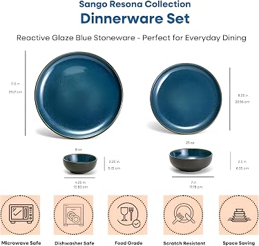 Sango 16-Piece Stoneware Dinnerware Set for 4, Glossy Black/Blue Big Dinner Plates and Bowls Sets with Reactive Glaze, Ceramic Dish Set, Modern Beautiful Dishes, Microwave & Dishwasher Safe, Resona