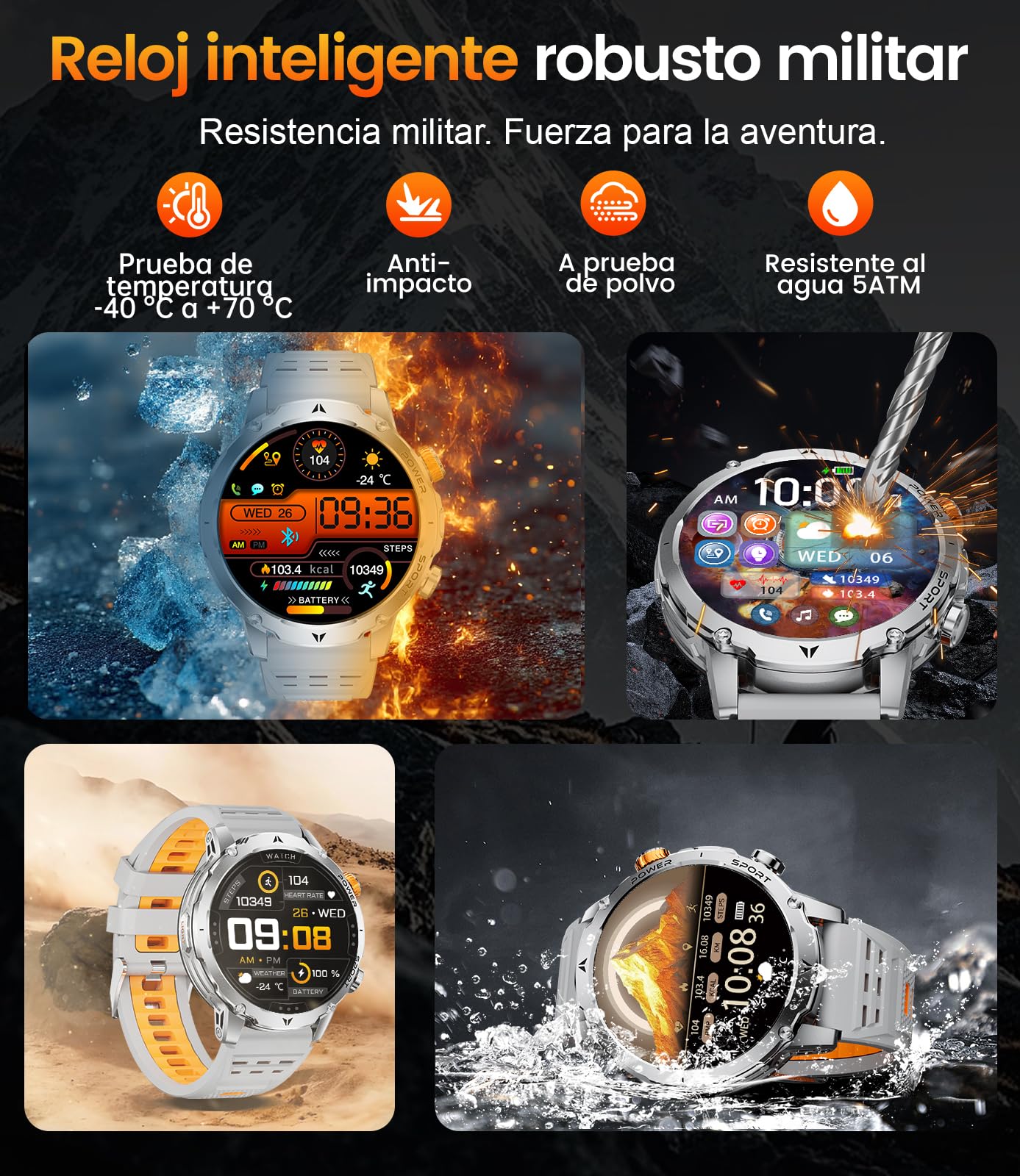 Reloj Inteligente Hombre Militar 1000mAh, Smartwatch 1,7'' con Linterna LED y Llamadas Bluetooth, 110+ Modos Deportivos, IP68, Frecuencia Cardíaca 24H, Android/iOS, 3 Pulseras + 2 Cargadores, EF24-B
