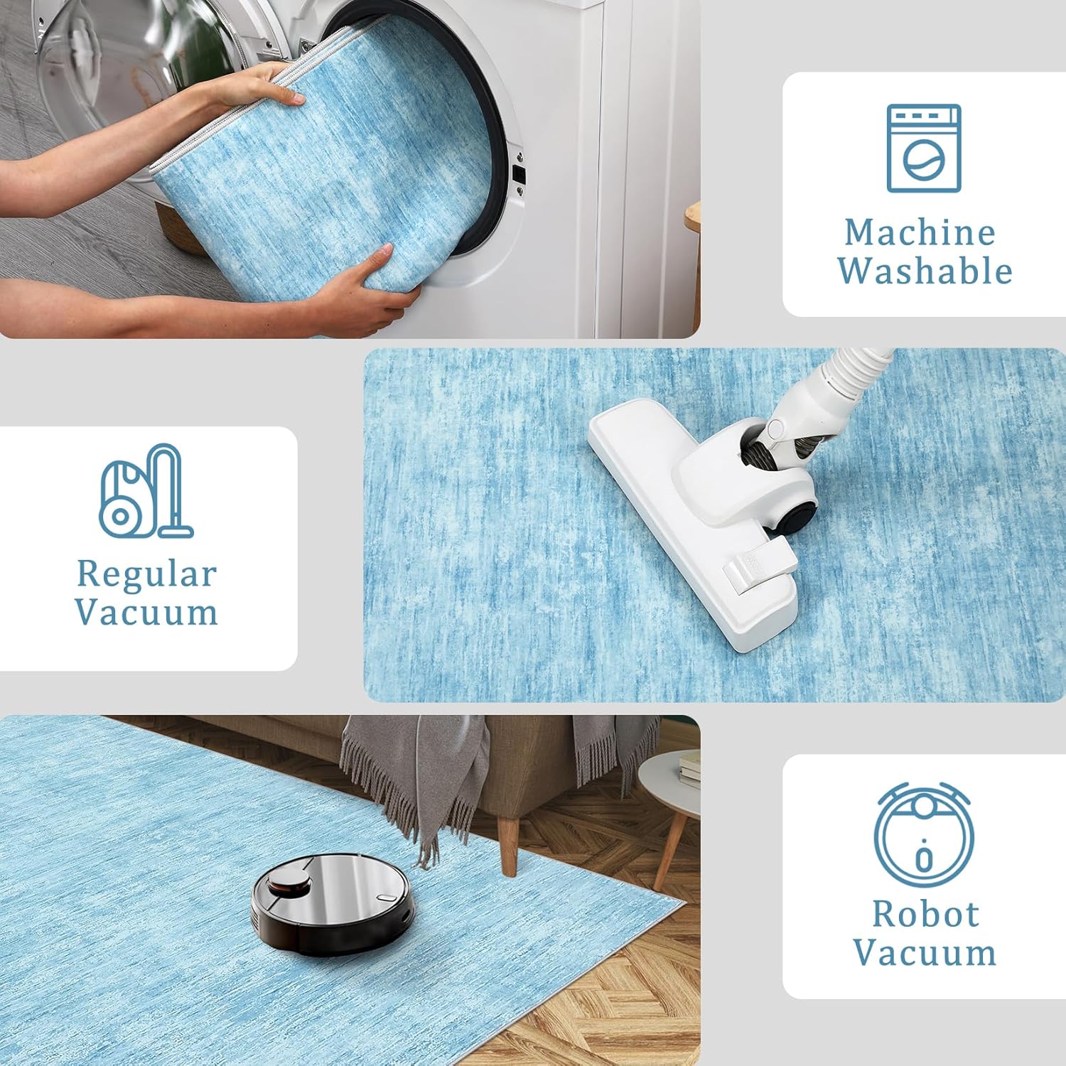 Solid Color Living Room Rug 10x13 Large Modern Washable Rug Non-Slip Non-Shedding Indoor Carpet Low Pile Bedroom Rugs Foldable Ultra-Thin Floor Mat for Dining Room Nursery Office Light Blue