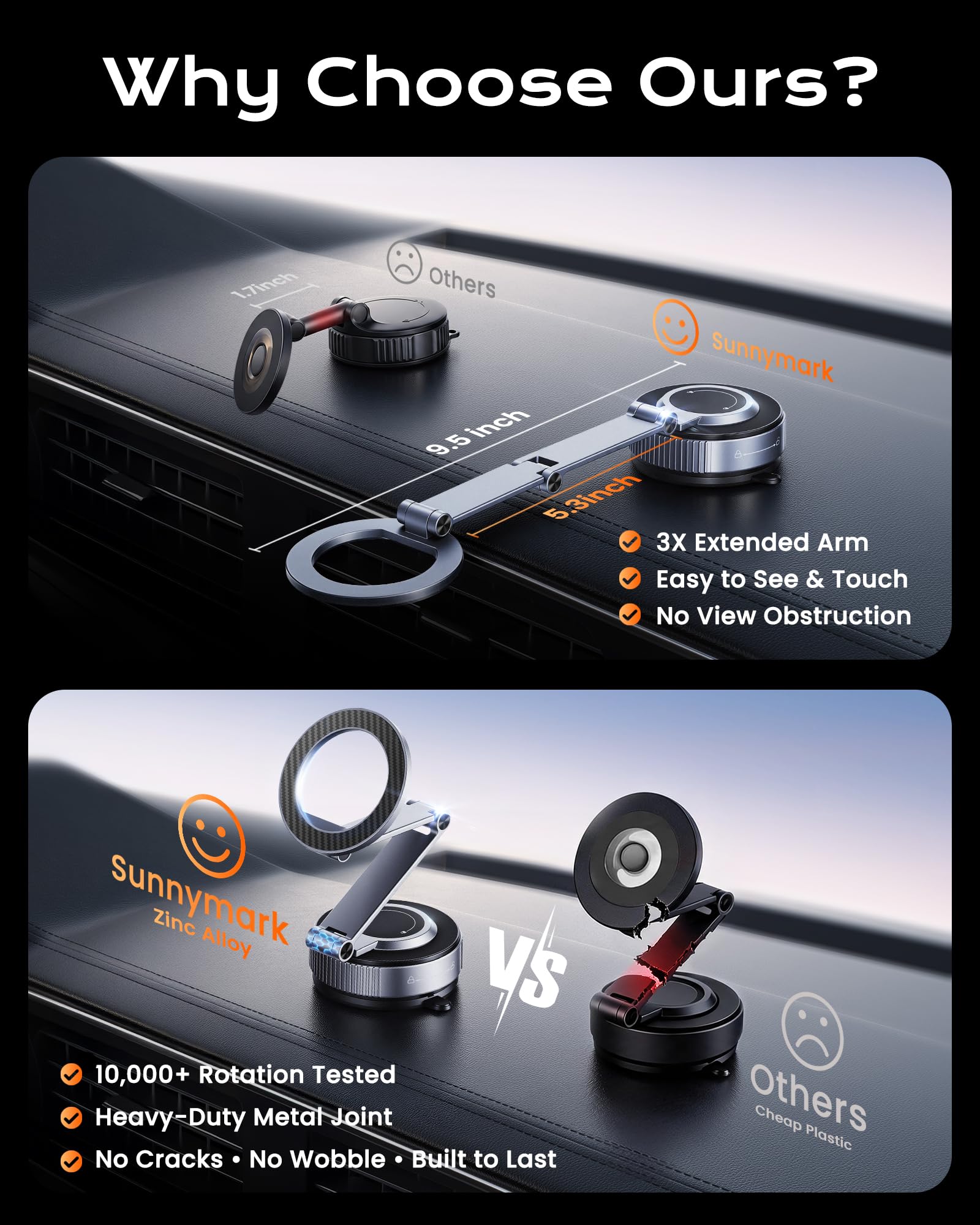 Magnetyczny uchwyt na telefon do samochodu z 3-osiowym długim ramieniem, składany, zmywalny, nano-żel + przyssawka próżniowa uchwyt samochodowy pasuje do Tesla Model Y/3, iPhone 17, 16, 15, 14, 13, 12