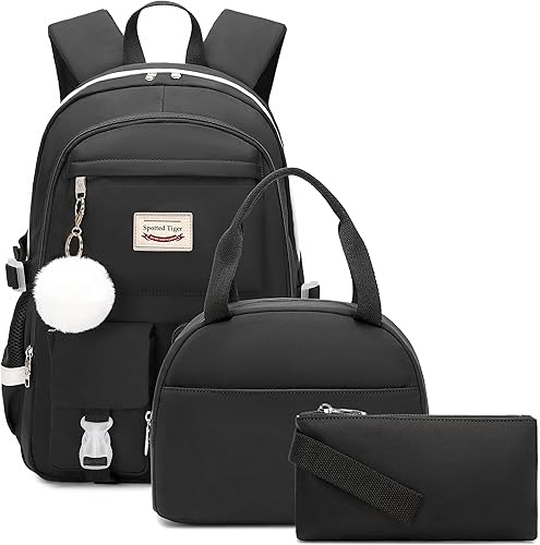 Miniatura 7 de Mochila escolar Spotted Tiger para niñas con bolsa para almuerzo, set de mochila anime, mochila kawaii para adolescentes (Negro)