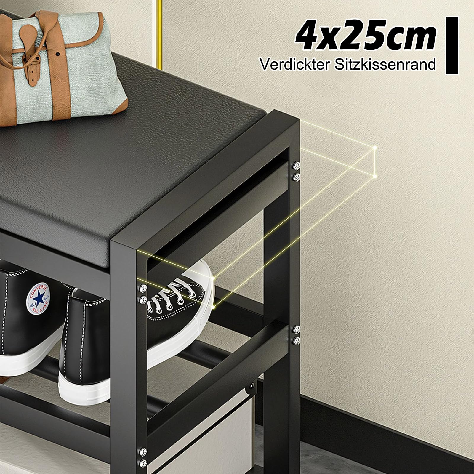 Schuhbank mit Sitzfläche, Metall Schuhregal mit 3 Ebenen, bis 150 kg belastbar, 65 x 25 x 41,5 cm, Schwarz Kohlenstoffstahl Sitzbank Schuhschrank Schuhständer für Eingang, Flur, Wohnzimmer