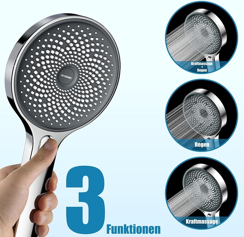 Krobec Kézi Zuhanyfej 130mm - Króm Esőztető Zuhanyrózsa 3 Vízsugár Típussal, Masszázs Funkcióval, Öntisztító Fúvókákkal, Univerzális G1/2 Me