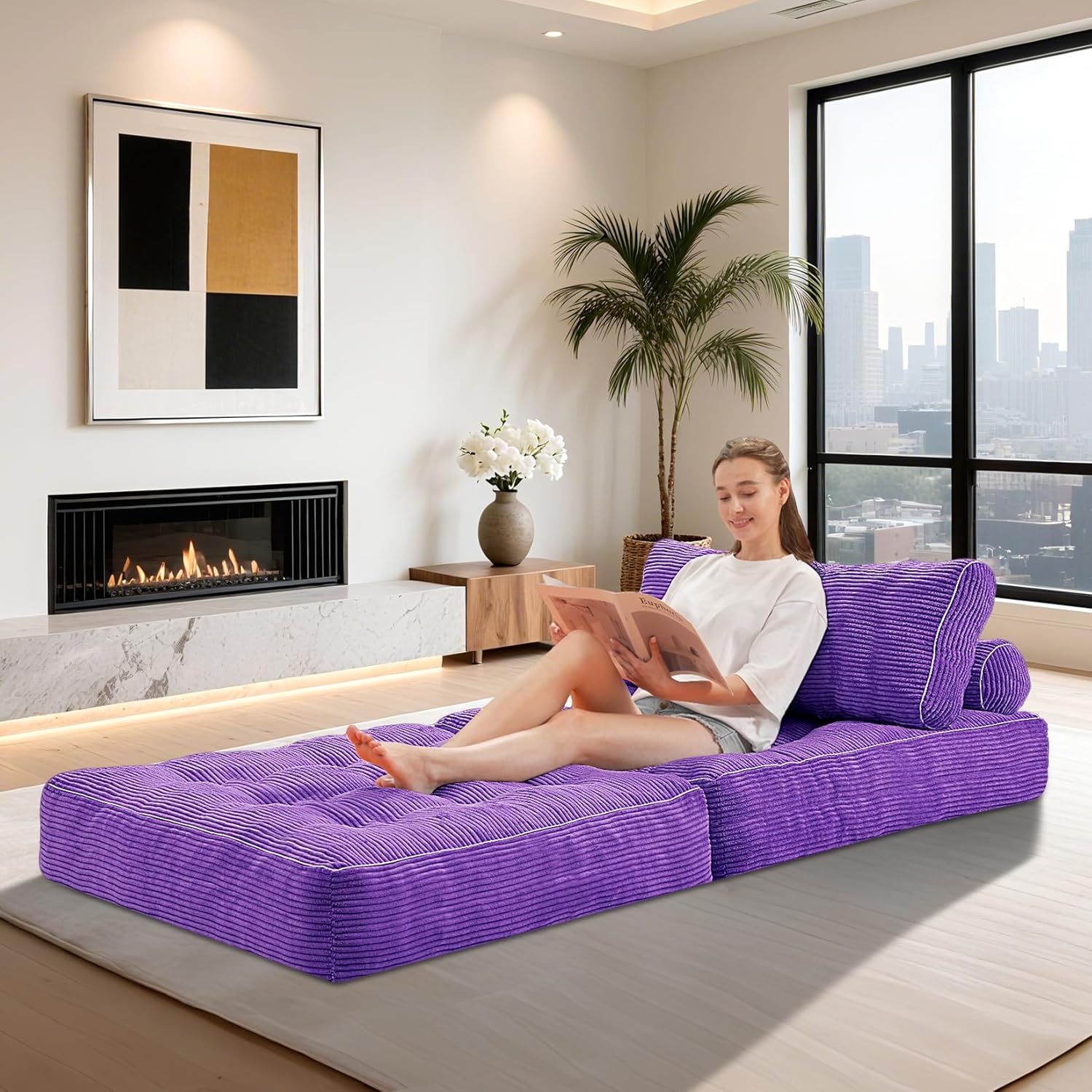HABUTWAY Folding Sofa Bed, Convertible Sleeper Chair Bed w/Dual-Pillow & Handle, Foldable Floor Sofa Lounge w/Back Support for Living Room, Bedroom, Apartment, Office, Purple image 4 of 7 B0F5VNTWP2