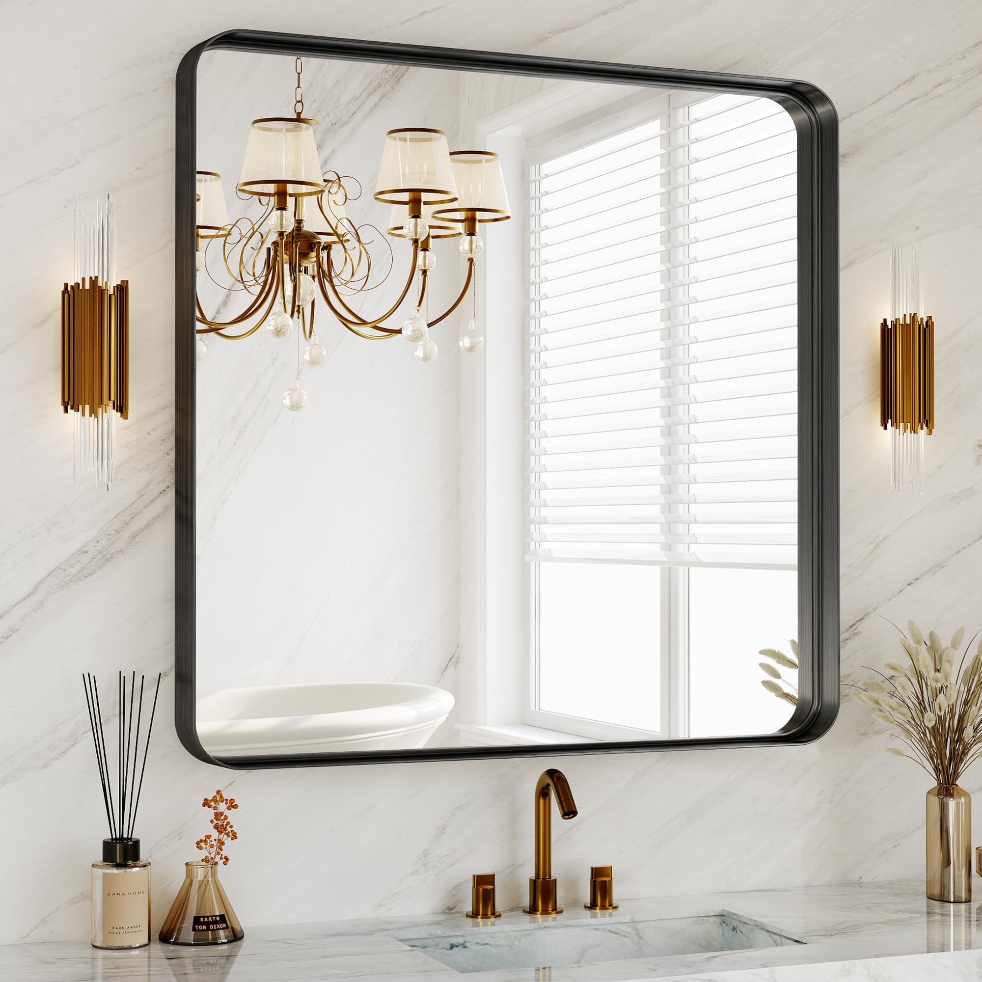 Photo 1 of 36 Inch Brushed Nickel Bathroom Mirrors for Over Sink, Rounded Rectangle Black Vanity Mirror, Farmhouse Mirror for Wall, HD Tempered Glass, Anti-Rust Mirror,Hangs Horizontally or Vertically
