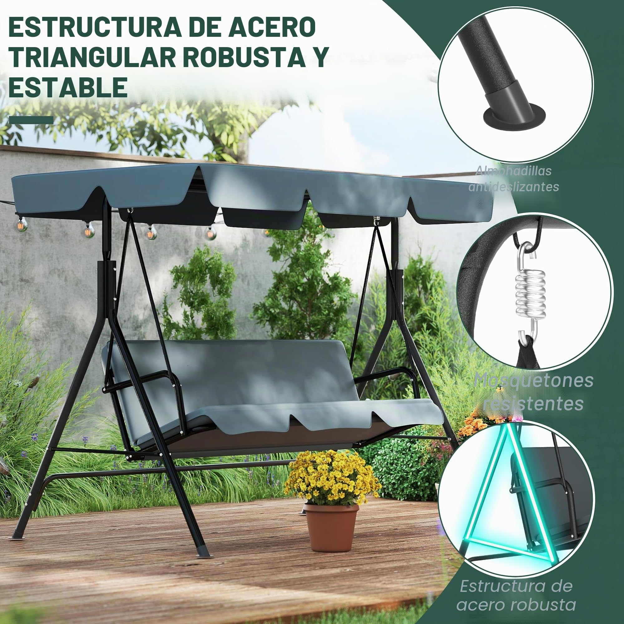 176x110x152cm columpio Hollywood de jardín con toldo y cojín de asiento y marco de acero, banco balancín de jardín de 3 plazas, capacidad de carga hasta 200KG, banco balancín tumbona de jardín