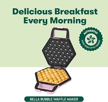 bella Bubble Waffle Maker for Hong Kong Style Breakfast Dessert 9 Waffles, Keto Chaffles Iron with Non-stick PFOA Free Iron Plates for Easy Cleaning and Food Release, Cone Rack Included, Pink